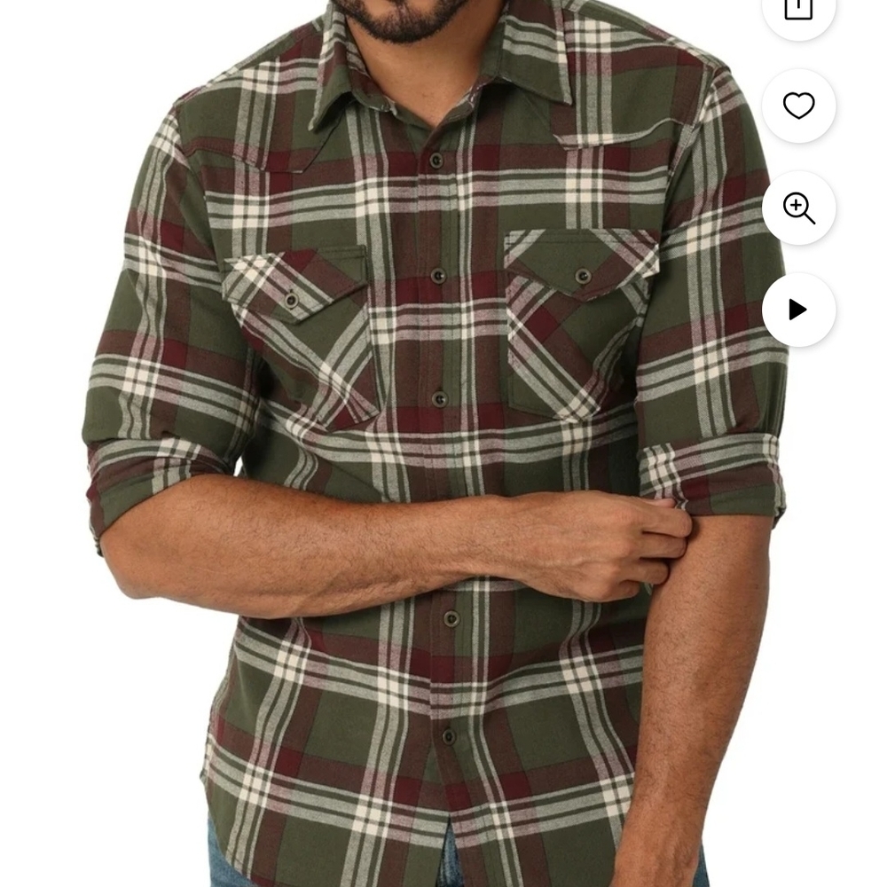 NWT Sz L Wrangler Men's Olive and Burgundy Plaid Shirt Cloud Flannel
